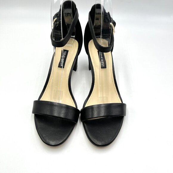 Nine West Womens Pruce Black Leather Block Heel Open Toe Sandals Heels Shoes 6.5 - Picture 2 of 13
